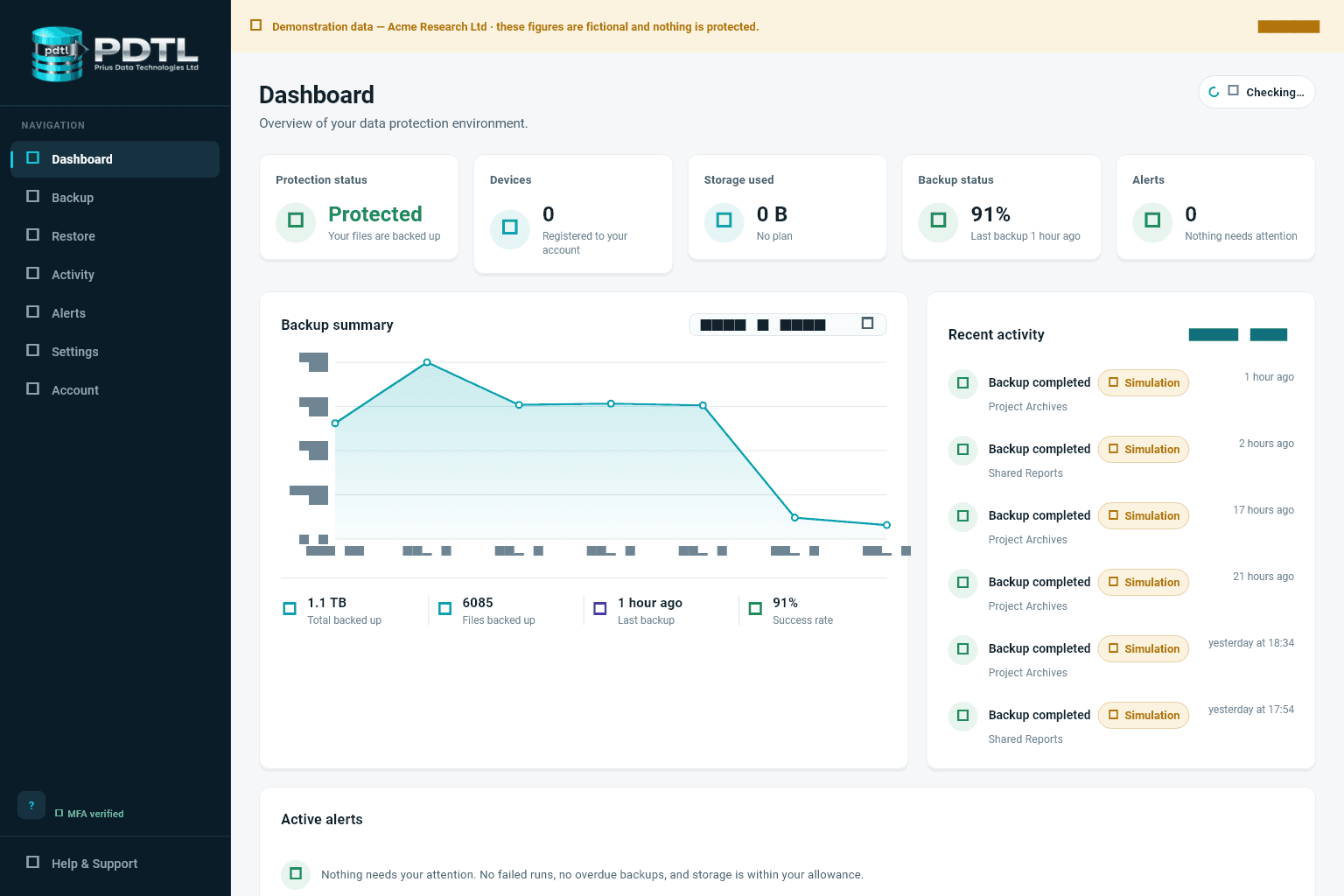 The PDTL dashboard on Windows, showing protection status, storage used and recent backup activity.