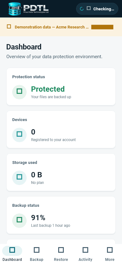 PDTL on iPhone, showing protection status and storage in use.