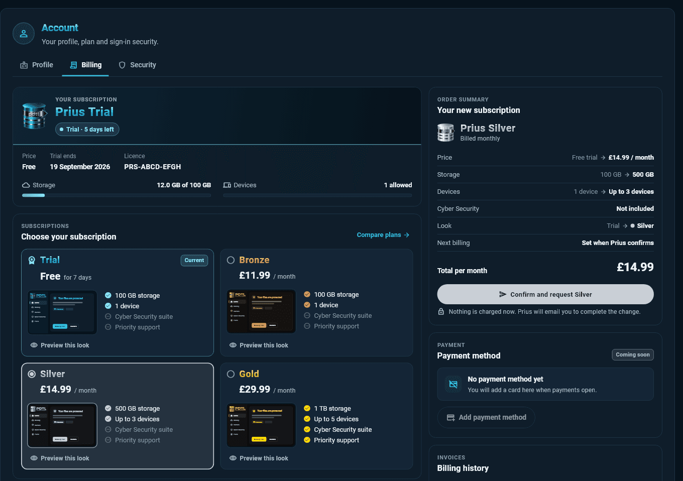 Account › Billing in Prius: the current trial, the four plans, and an order summary with Confirm and request.